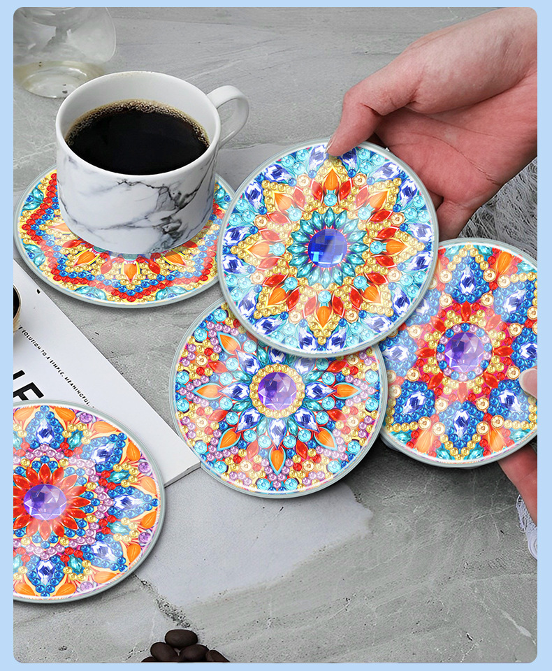 Creative new DIY diamond painting coaster with transparent acrylic cup cover, handmade irregular bright diamond mandala coaster