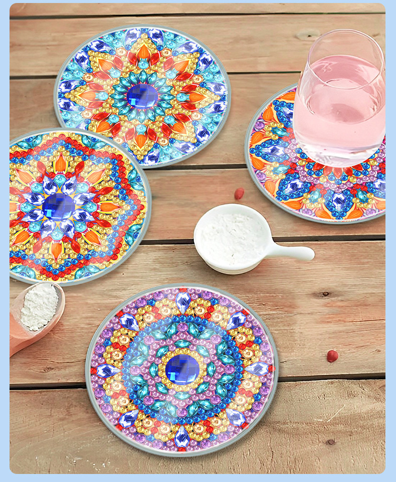 Creative new DIY diamond painting coaster with transparent acrylic cup cover, handmade irregular bright diamond mandala coaster