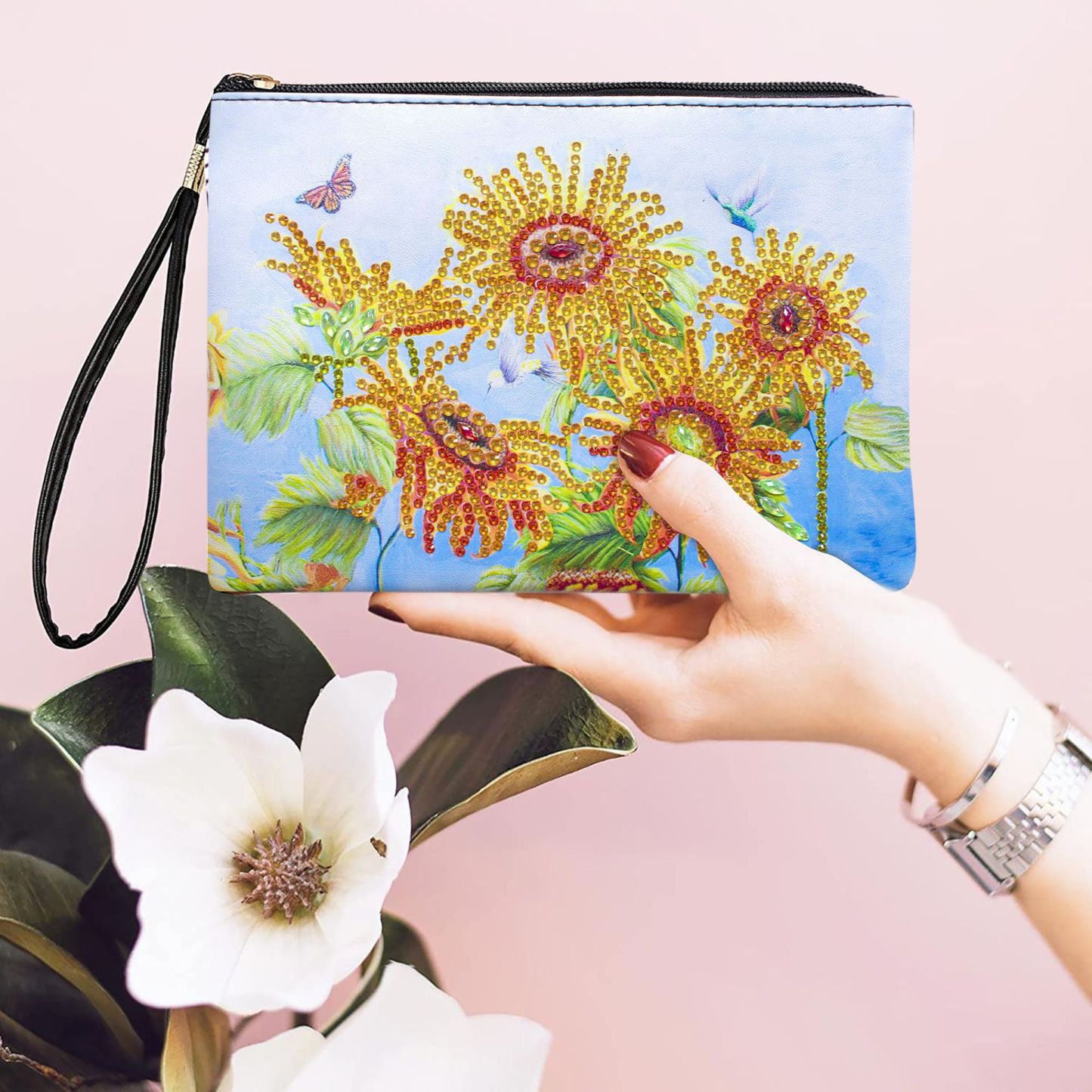 1 piece 5D DIY diamond painted handbag makeup bag, sunflower style handmade diamond art craft bag