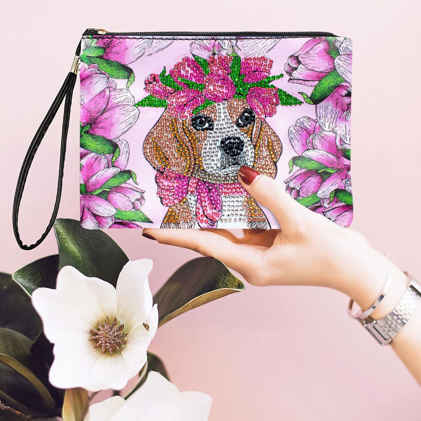 1 piece 5D DIY diamond painted handbag makeup bag, dog style handmade diamond art craft bag