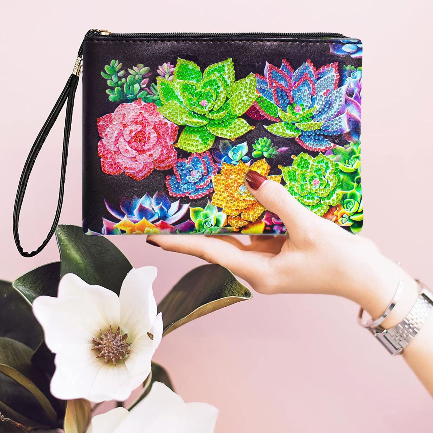 1 piece 5D DIY diamond painted handbag makeup bag, black succulent style handmade diamond art craft bag
