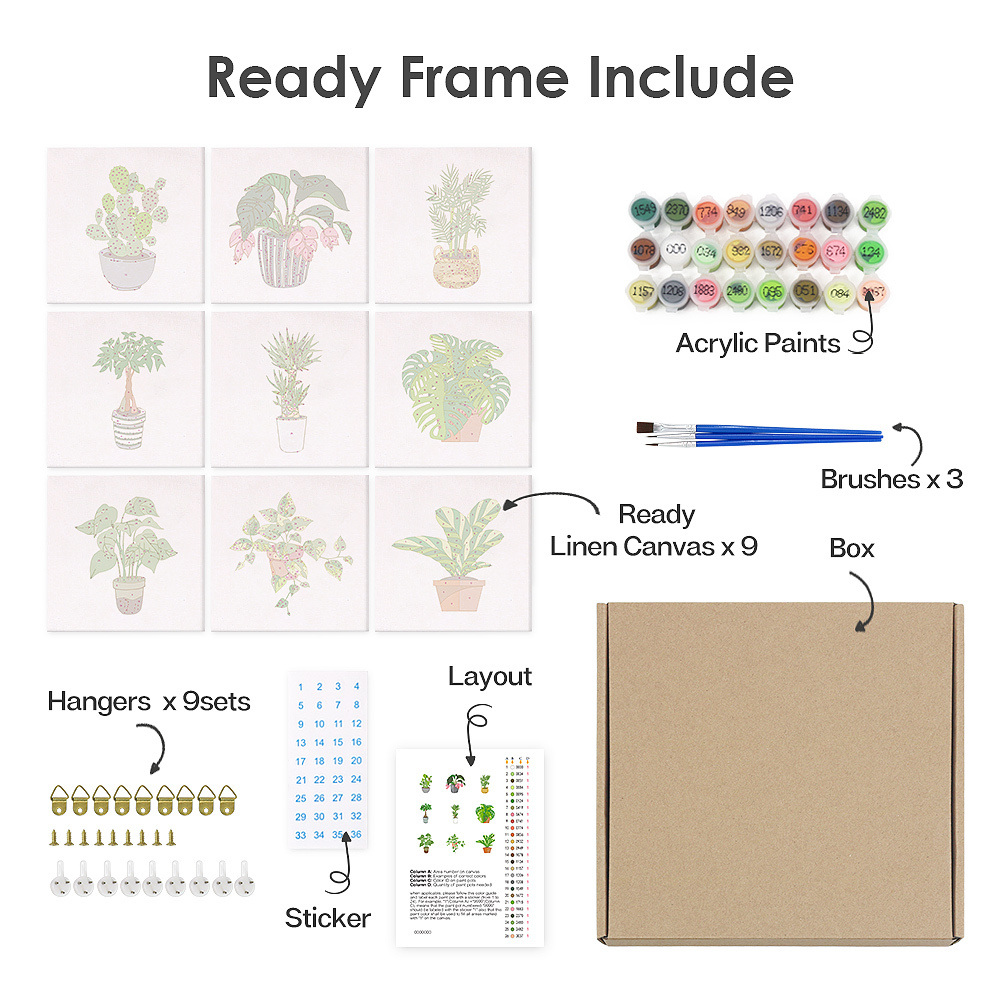 9 pieces, beautiful green plant accessory digital mini painting set, 15x15cm/5.9x5.9 inches, handmade for home leisure, perfect gift for family and friends.