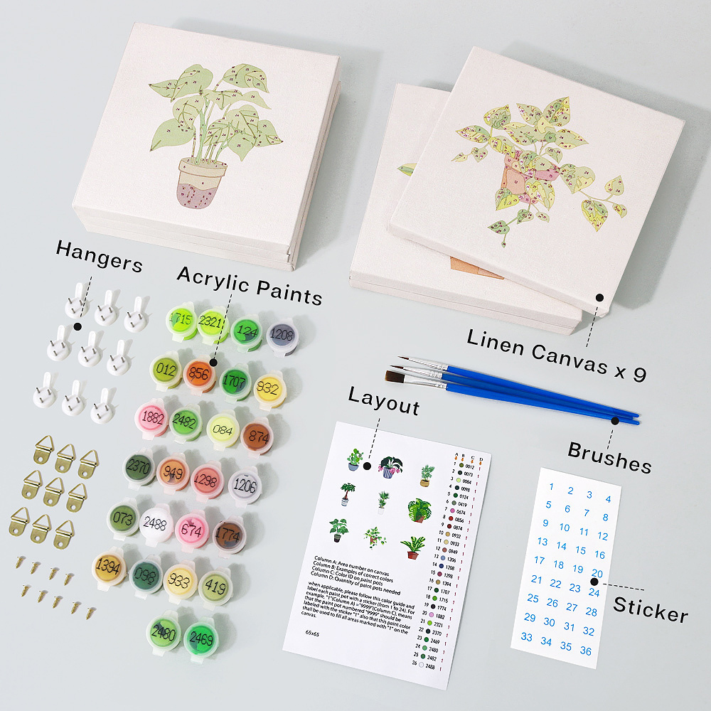 9 pieces, beautiful green plant accessory digital mini painting set, 15x15cm/5.9x5.9 inches, handmade for home leisure, perfect gift for family and friends.
