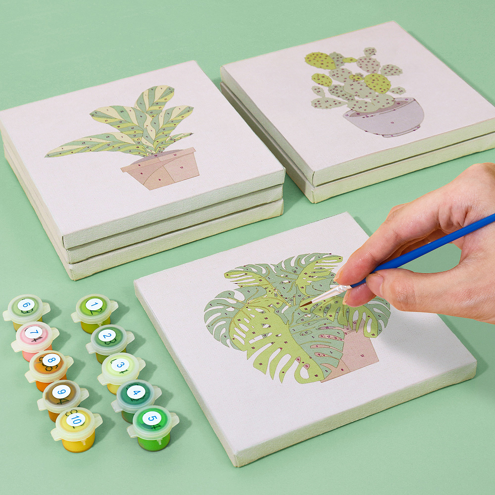 9 pieces, beautiful green plant accessory digital mini painting set, 15x15cm/5.9x5.9 inches, handmade for home leisure, perfect gift for family and friends.