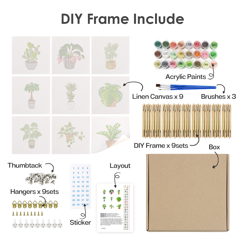 9 pieces, beautiful green plant accessory digital mini painting set, 15x15cm/5.9x5.9 inches, handmade for home leisure, perfect gift for family and friends.