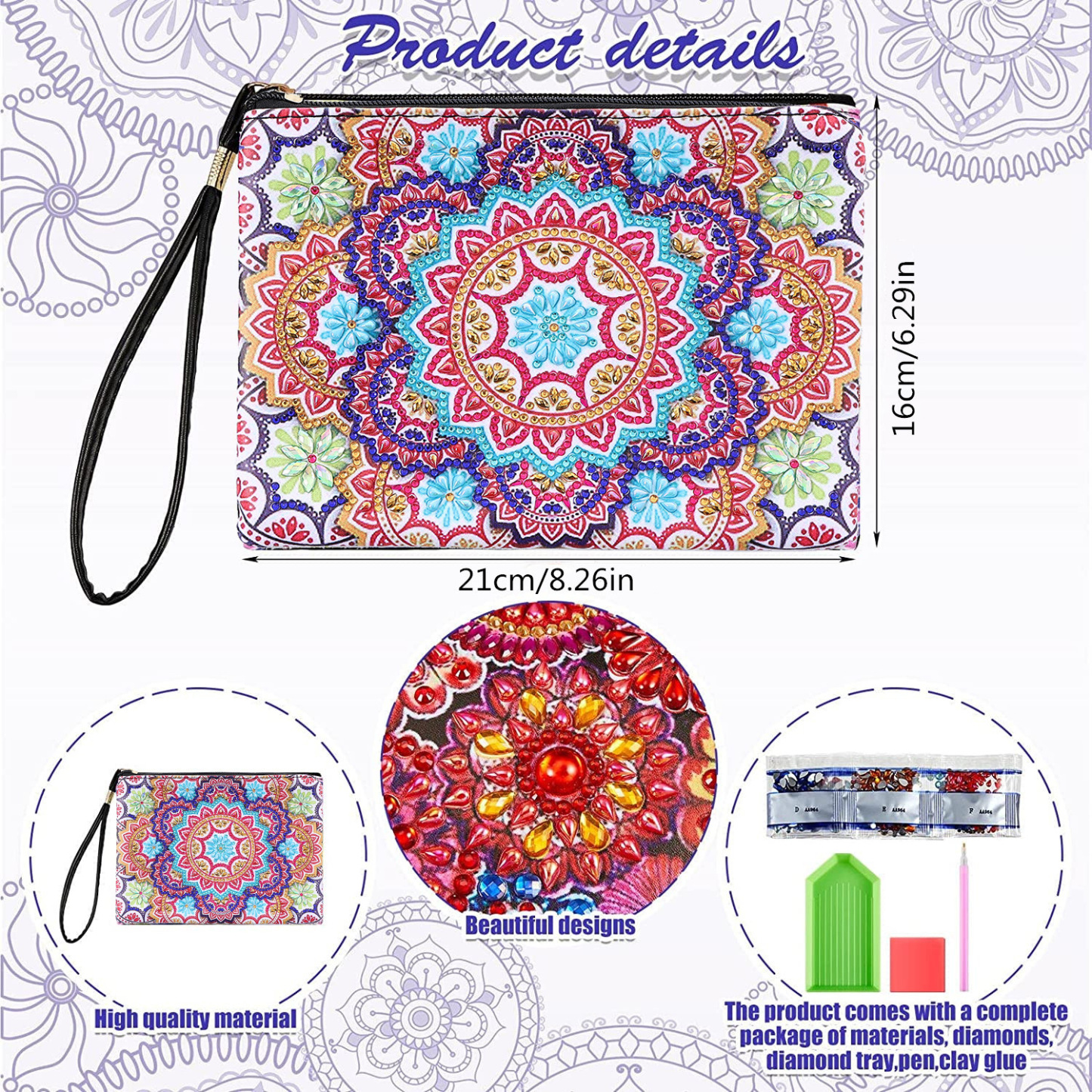 WISH 5D DIY Diamond Painting Handbag Makeup Bag, Mandala Style Handmade Diamond Art Craft Bag