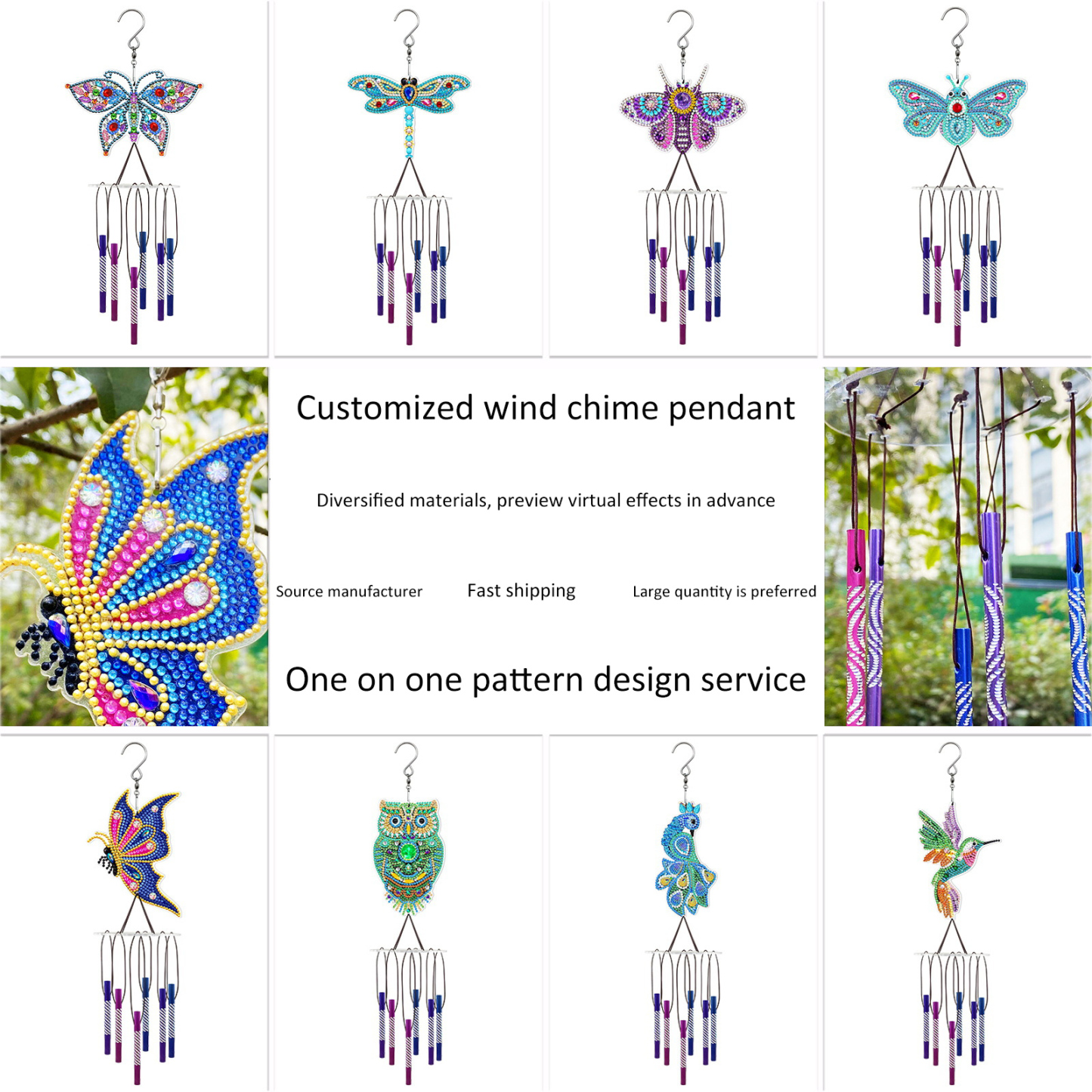 Customized diamond painting wind chime manufacturer direct sales entrance decoration diamond stickers butterfly hummingbird handmade DIY kit