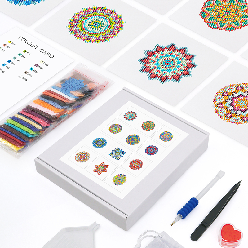 Frameless, mini diamond painting, Mandala creative mini diamond painting on the entrance flower house desktop, creative simple pattern diamond painting, 12pcs, 5.9 X5.9 inches.