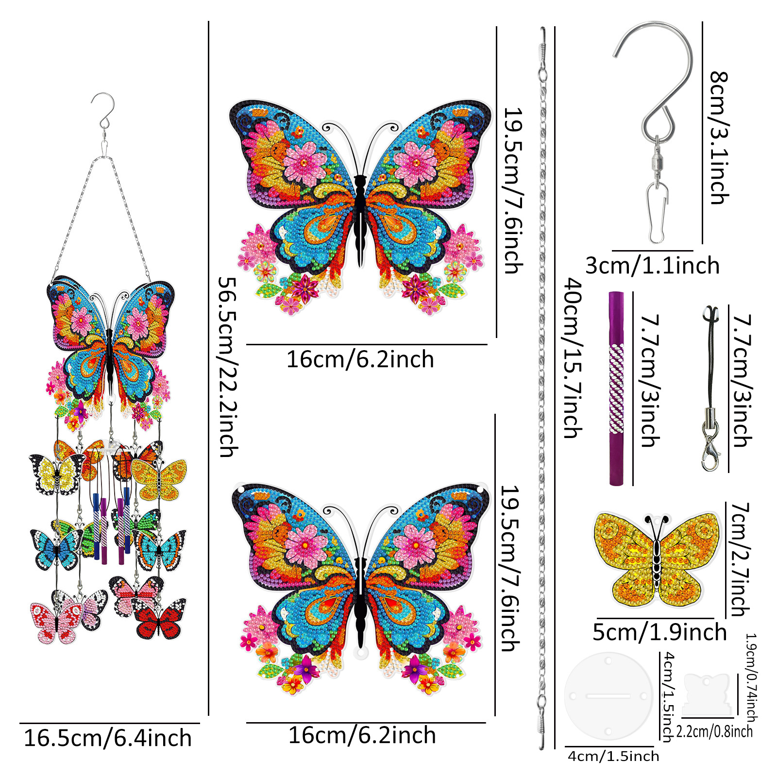 DIY diamond painting wind chime pendant, butterfly flower sticker, diamond embroidery, three-dimensional hanging decoration, door and window hanging painting, acrylic decorative painting
