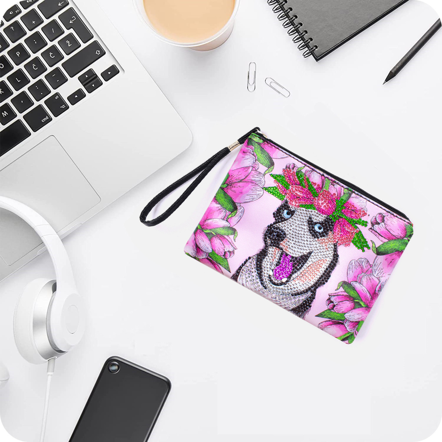 Cross Mirror Animal Pattern 5D Diamond Painted Handbag Makeup Bag Dog Style Handmade Diamond Art Craft Bag