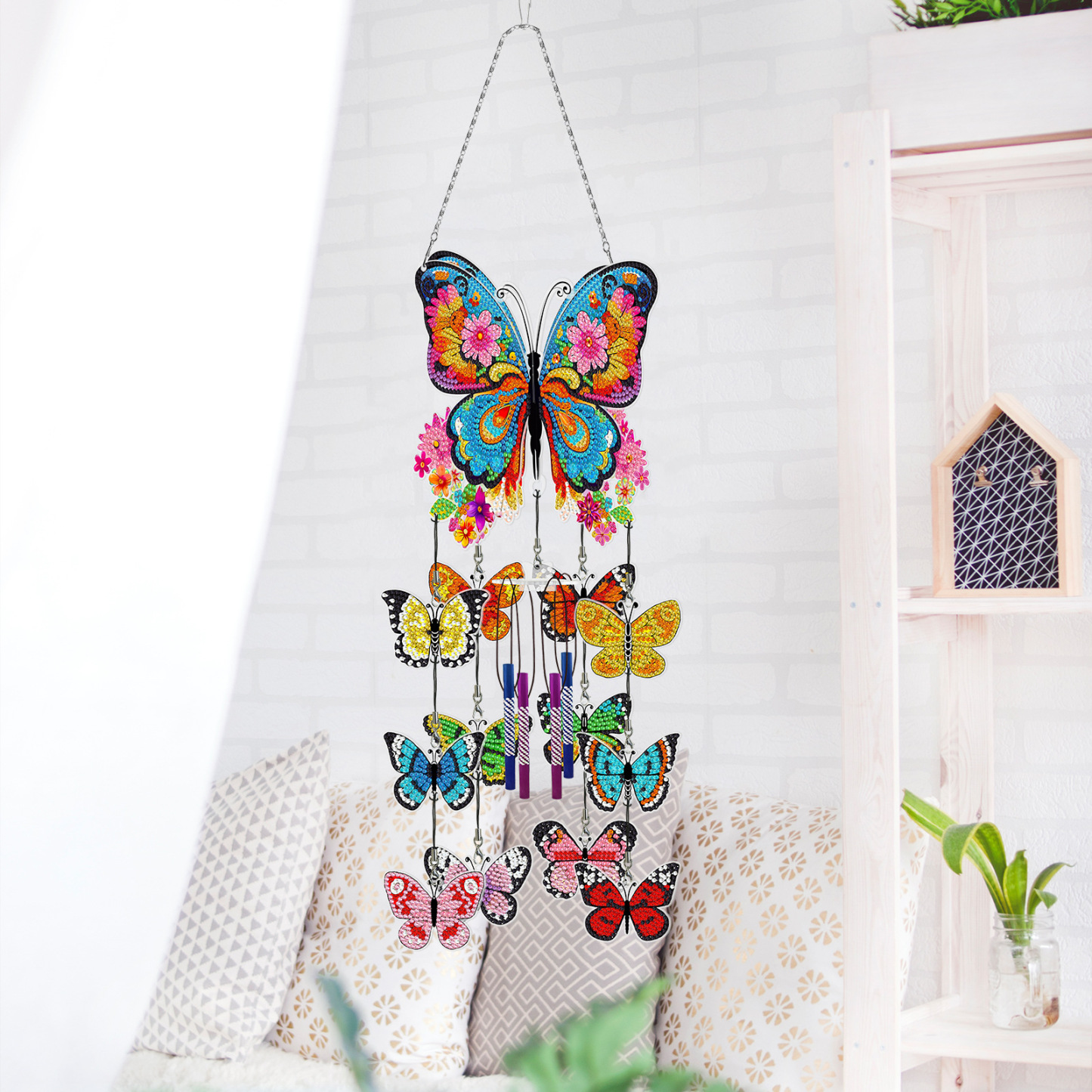 DIY diamond painting wind chime pendant, butterfly flower sticker, diamond embroidery, three-dimensional hanging decoration, door and window hanging painting, acrylic decorative painting