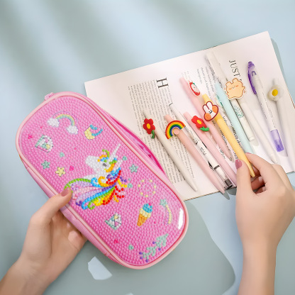 DIY Diamond Brush Bag Pink Student Stationery Bag Handmade DIY Sticky Diamond Embroidery Zipper Stationery Box