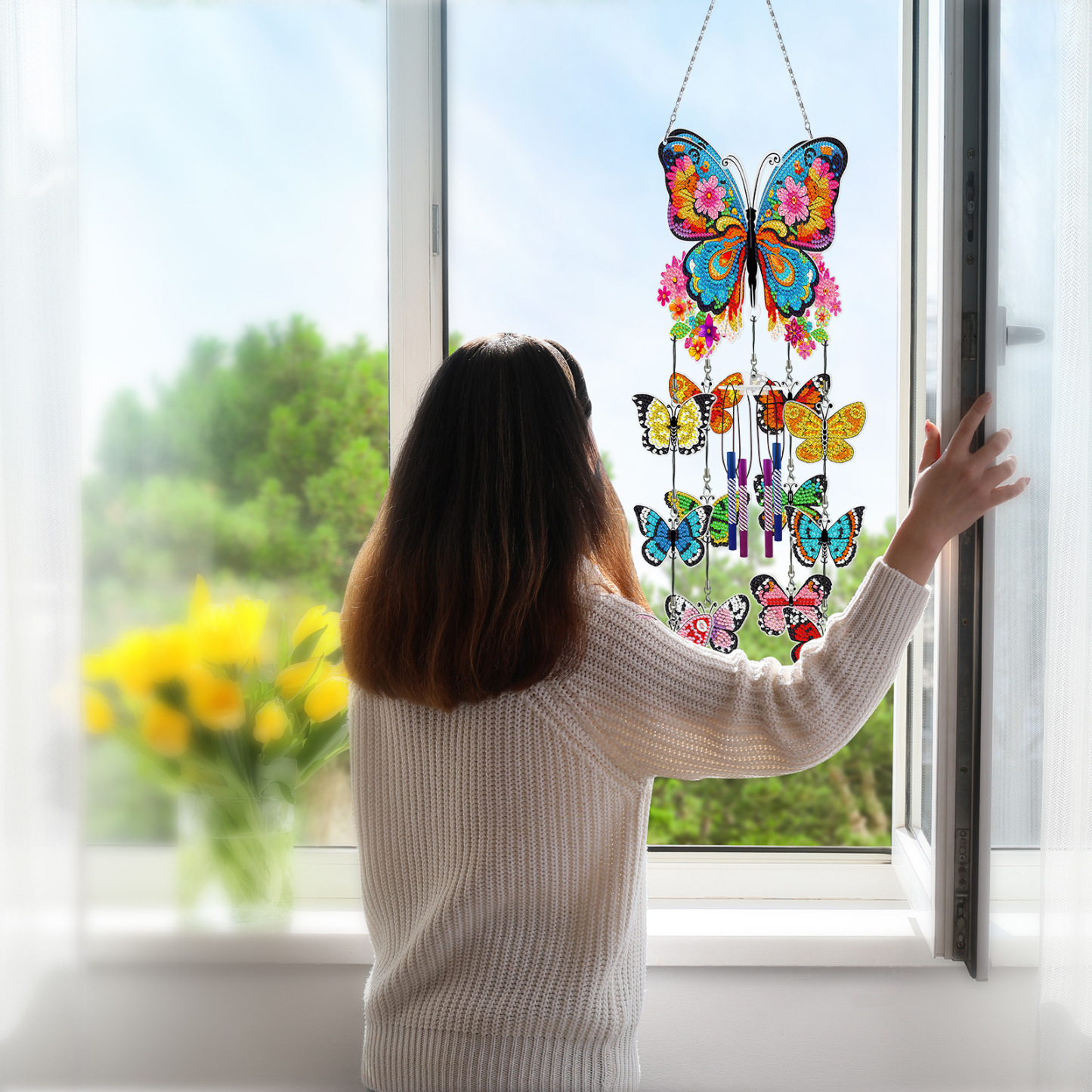 DIY diamond painting wind chime pendant, butterfly flower sticker, diamond embroidery, three-dimensional hanging decoration, door and window hanging painting, acrylic decorative painting