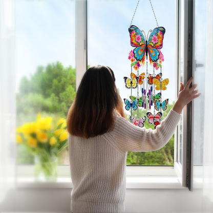 DIY diamond painting wind chime pendant, butterfly flower sticker, diamond embroidery, three-dimensional hanging decoration, door and window hanging painting, acrylic decorative painting