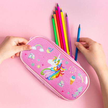 DIY Diamond Brush Bag Pink Student Stationery Bag Handmade DIY Sticky Diamond Embroidery Zipper Stationery Box
