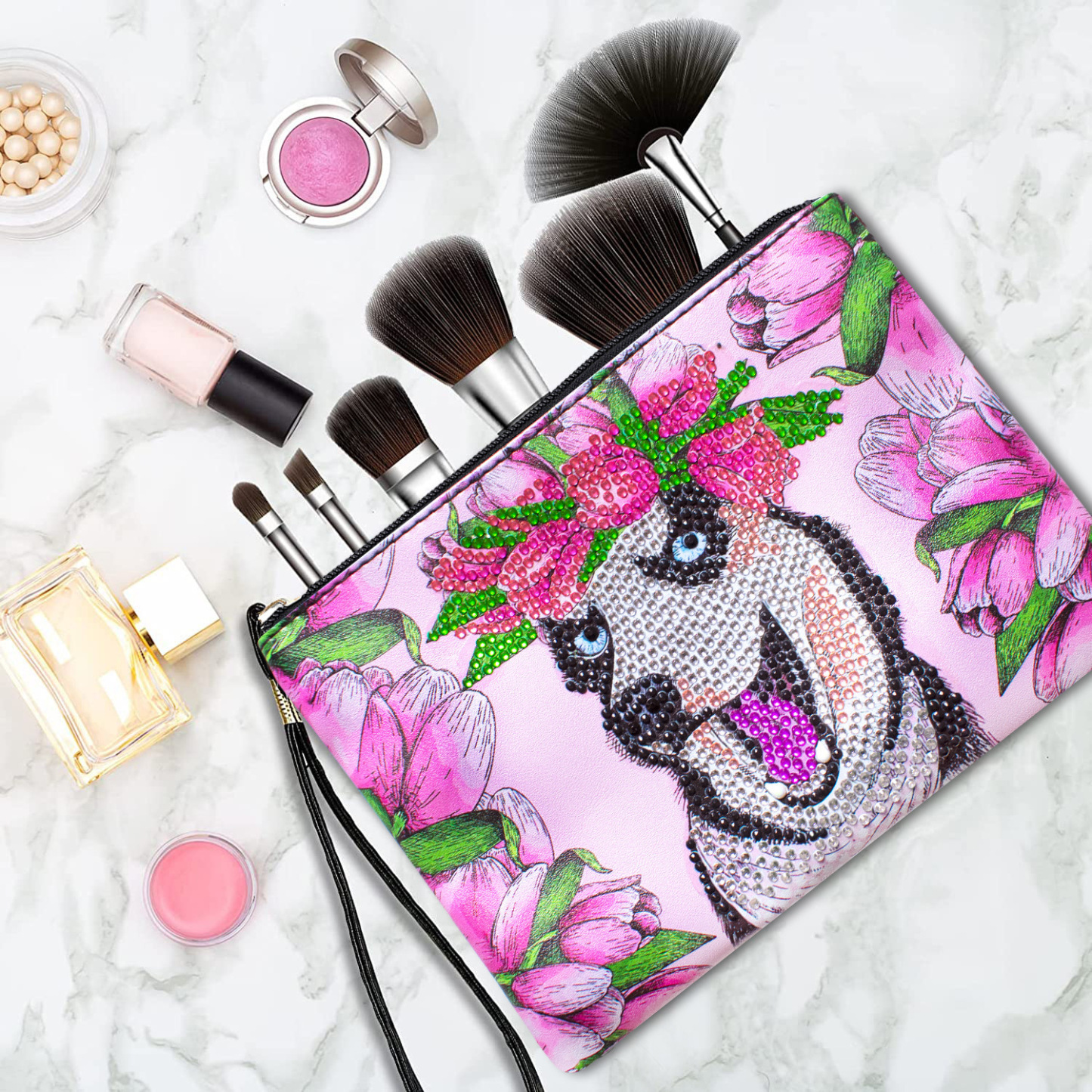 Cross Mirror Animal Pattern 5D Diamond Painted Handbag Makeup Bag Dog Style Handmade Diamond Art Craft Bag