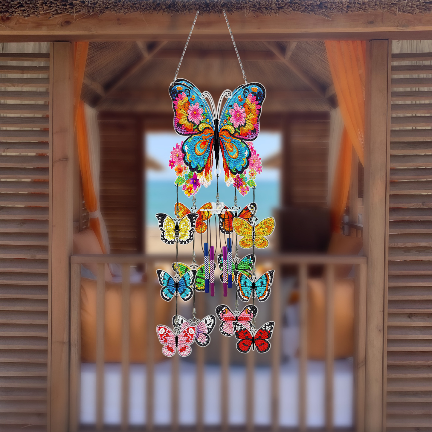 DIY diamond painting wind chime pendant, butterfly flower sticker, diamond embroidery, three-dimensional hanging decoration, door and window hanging painting, acrylic decorative painting