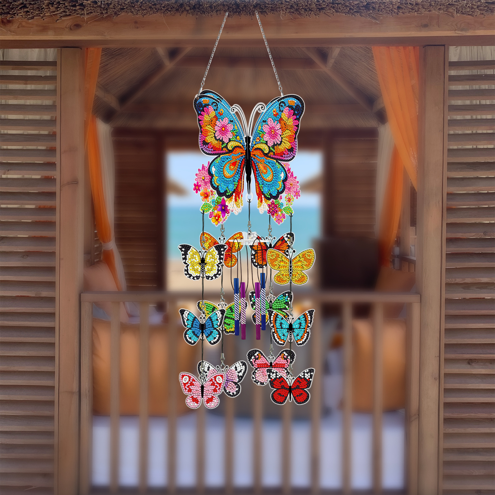 DIY diamond painting wind chime pendant, butterfly flower sticker, diamond embroidery, three-dimensional hanging decoration, door and window hanging painting, acrylic decorative painting