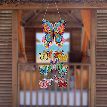 DIY diamond painting wind chime pendant, butterfly flower sticker, diamond embroidery, three-dimensional hanging decoration, door and window hanging painting, acrylic decorative painting