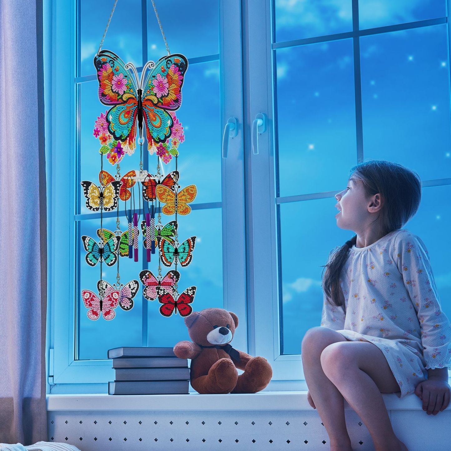 DIY diamond painting wind chime pendant, butterfly flower sticker, diamond embroidery, three-dimensional hanging decoration, door and window hanging painting, acrylic decorative painting
