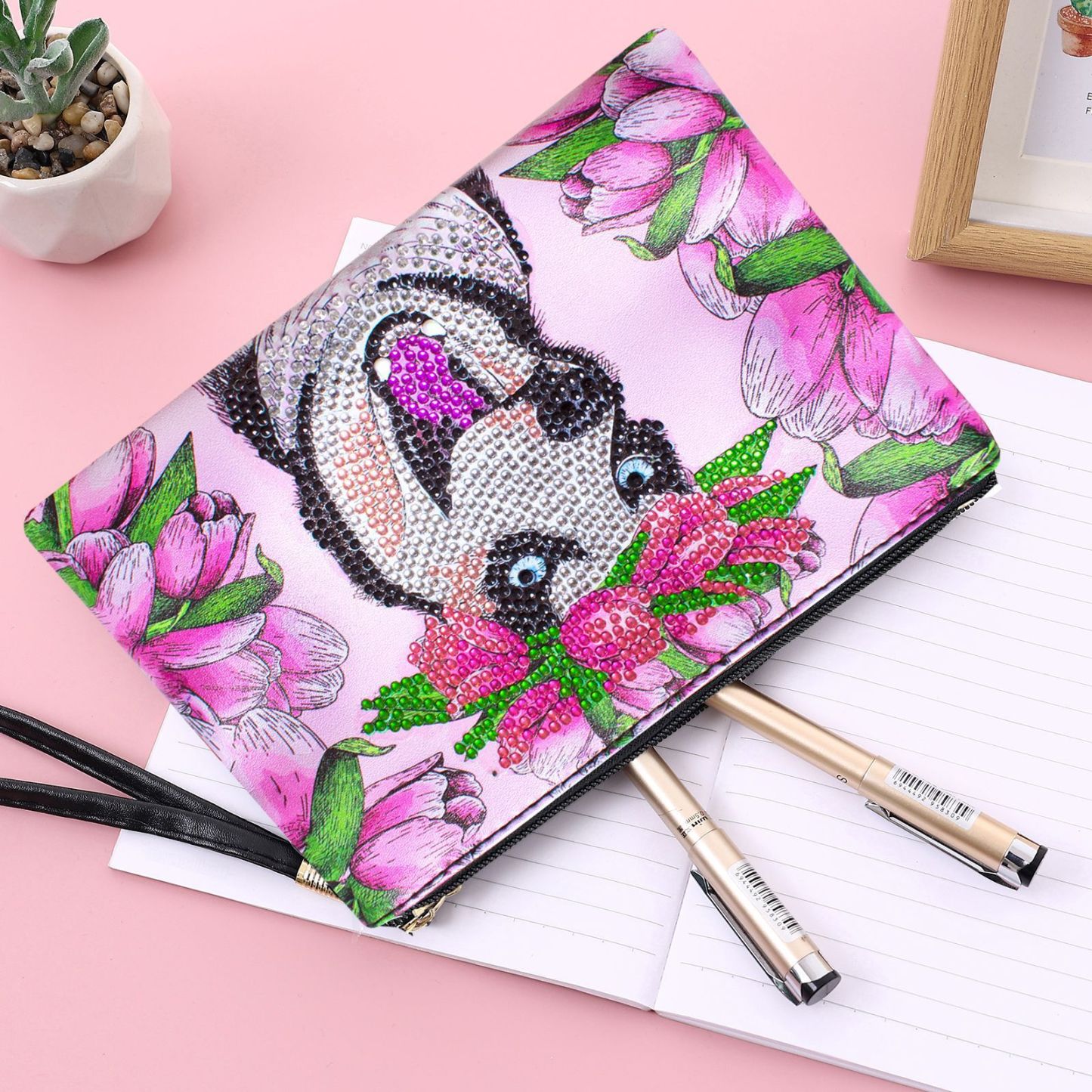 Cross Mirror Animal Pattern 5D Diamond Painted Handbag Makeup Bag Dog Style Handmade Diamond Art Craft Bag