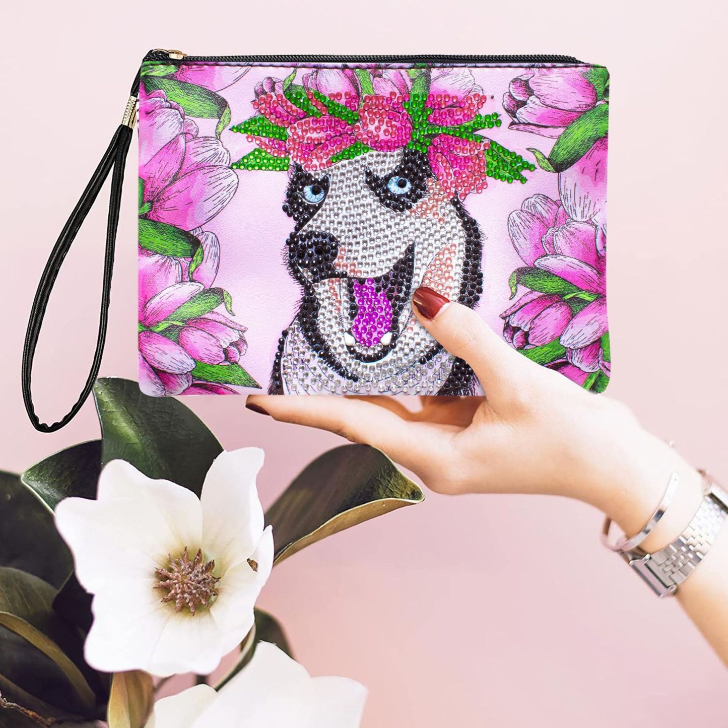 Cross Mirror Animal Pattern 5D Diamond Painted Handbag Makeup Bag Dog Style Handmade Diamond Art Craft Bag
