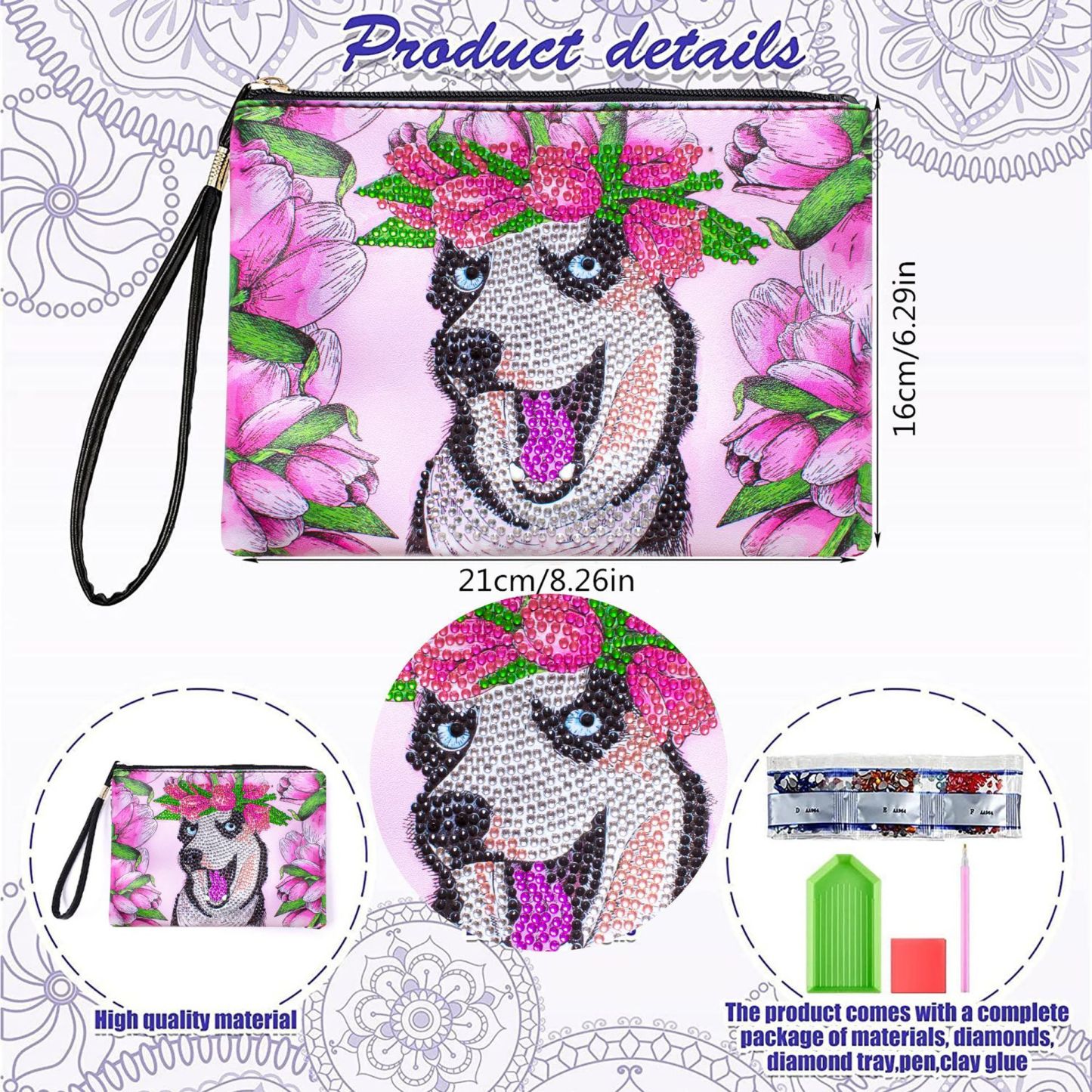 Cross Mirror Animal Pattern 5D Diamond Painted Handbag Makeup Bag Dog Style Handmade Diamond Art Craft Bag