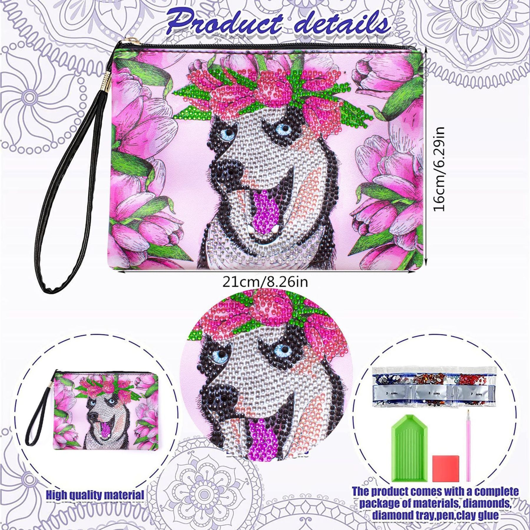 Cross Mirror Animal Pattern 5D Diamond Painted Handbag Makeup Bag Dog Style Handmade Diamond Art Craft Bag