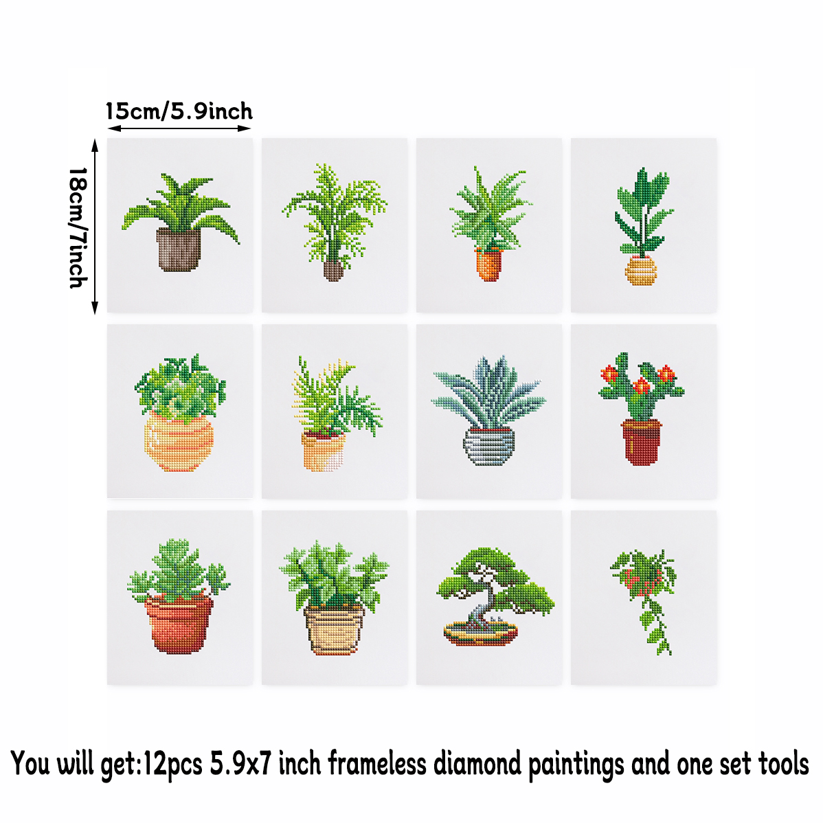 Frameless, mini diamond painting, creative mini diamond painting of green plants on the entrance flower house desktop, creative simple pattern diamond painting, 12 pcs, 5.9 X7 inches.