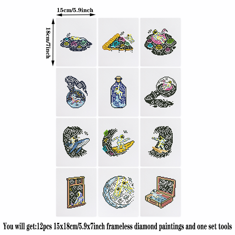 Frameless, mini diamond painting, space creative mini diamond painting on the entrance flower house desktop, creative simple pattern diamond painting, 12 pcs, 5.9 X7 inches.
