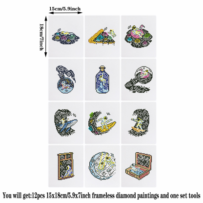 Frameless, mini diamond painting, space creative mini diamond painting on the entrance flower house desktop, creative simple pattern diamond painting, 12 pcs, 5.9 X7 inches.