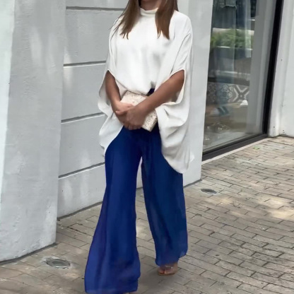 Women's Fashion Simple Lapel Shirt Navel Button Casual Suit Pants Two Pieces