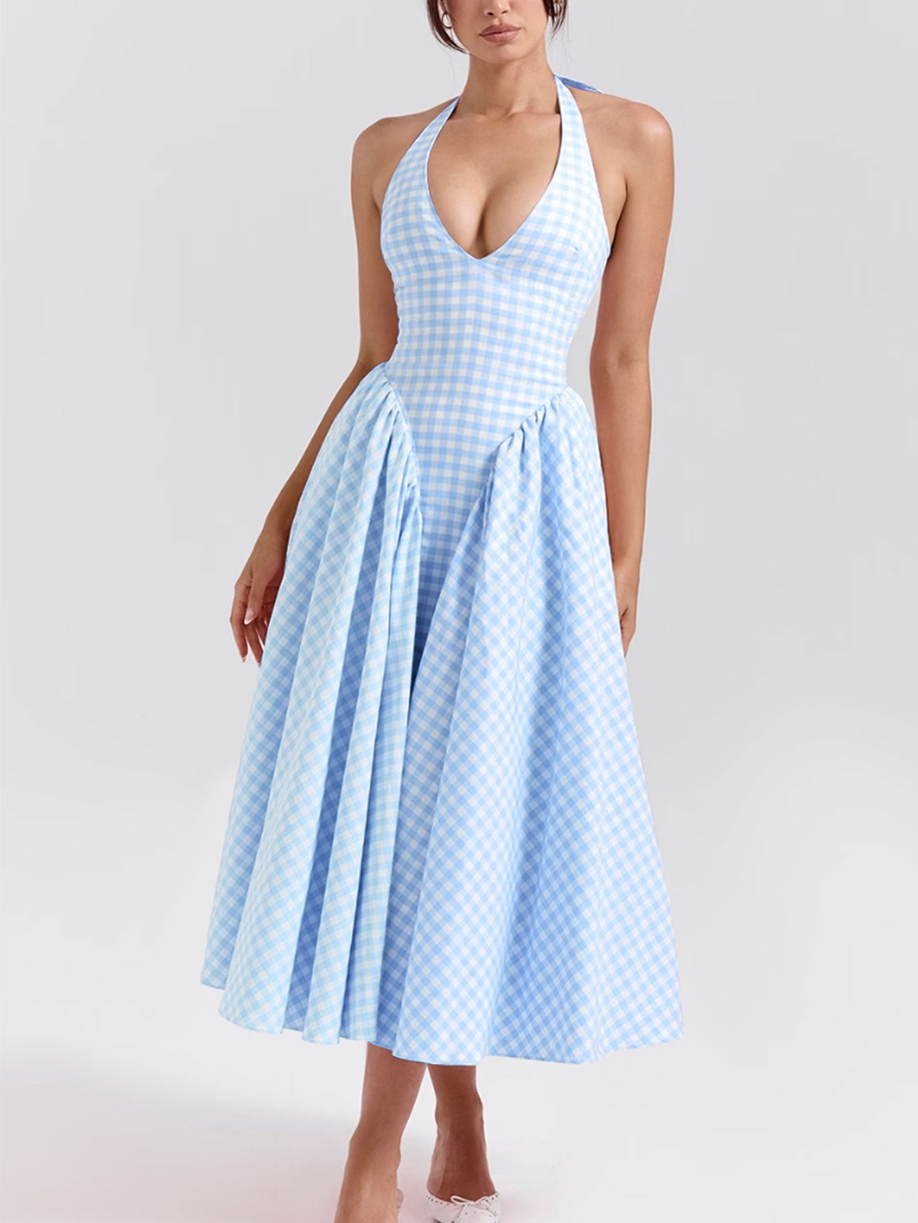 Women Pink Plaid Halterneck Deep V Neckline Midi Dress For Summer Parties and Events