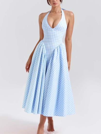 Women Pink Plaid Halterneck Deep V Neckline Midi Dress For Summer Parties and Events