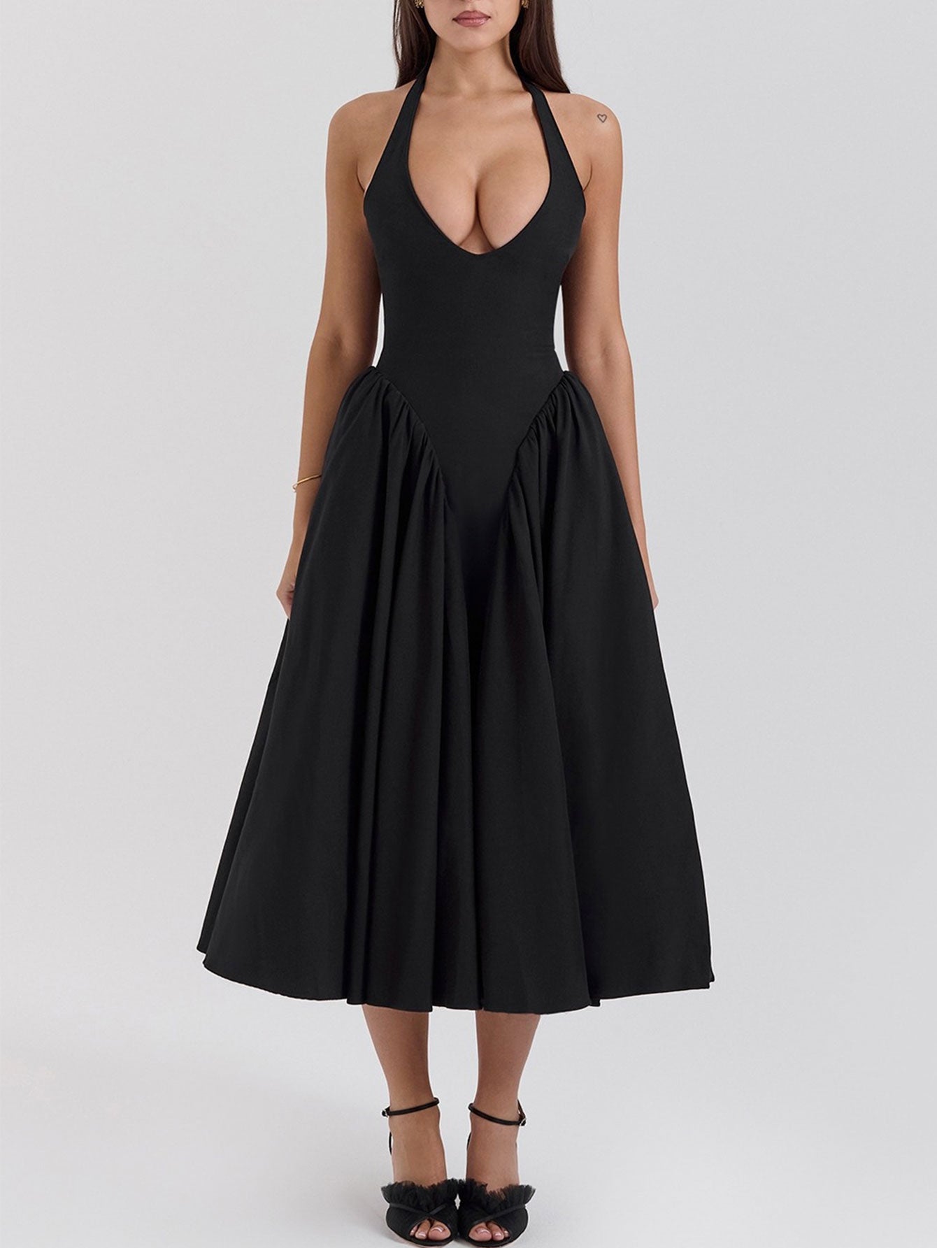 Women Pink Plaid Halterneck Deep V Neckline Midi Dress For Summer Parties and Events