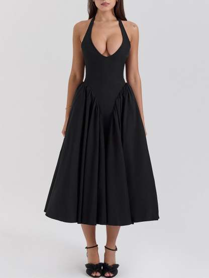 Women Pink Plaid Halterneck Deep V Neckline Midi Dress For Summer Parties and Events