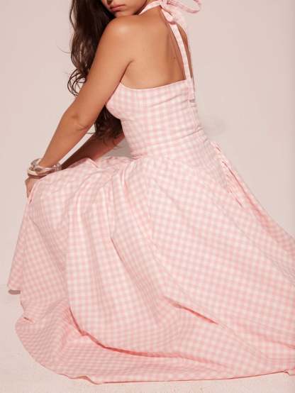 Women Pink Plaid Halterneck Deep V Neckline Midi Dress For Summer Parties and Events