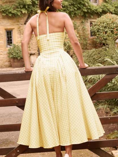 Women Pink Plaid Halterneck Deep V Neckline Midi Dress For Summer Parties and Events