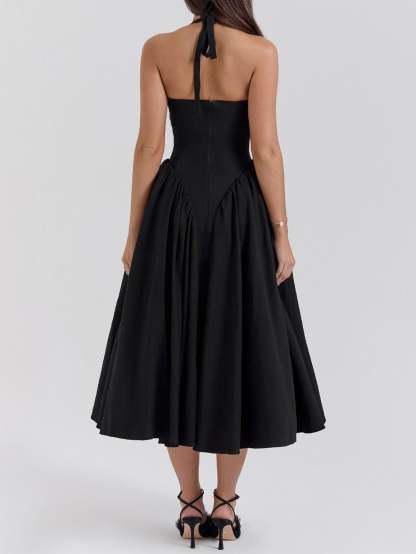 Women Pink Plaid Halterneck Deep V Neckline Midi Dress For Summer Parties and Events