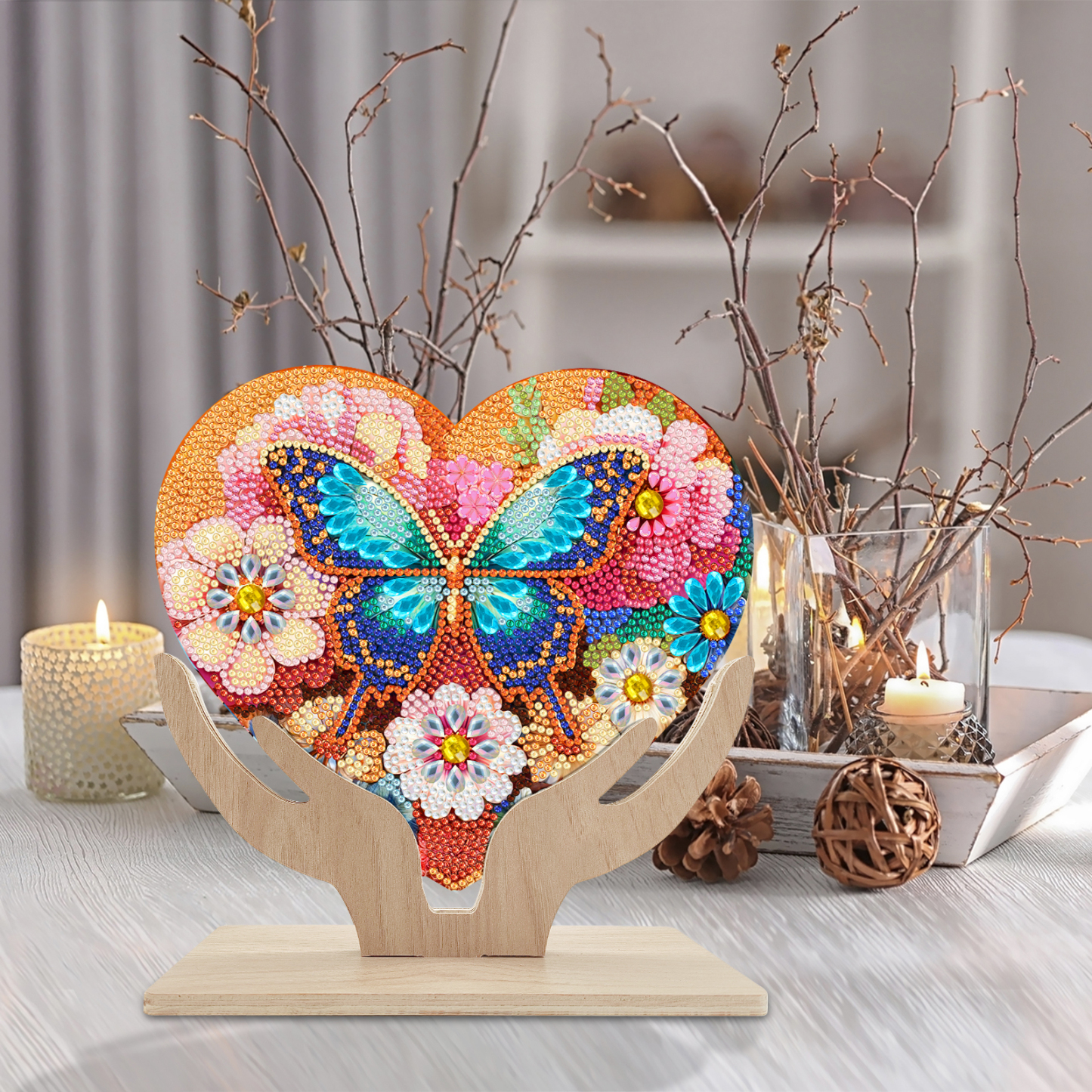 5D DIY Special Shape Diamond Painting Wooden Heart Shape Desk Ornament Decor Kit