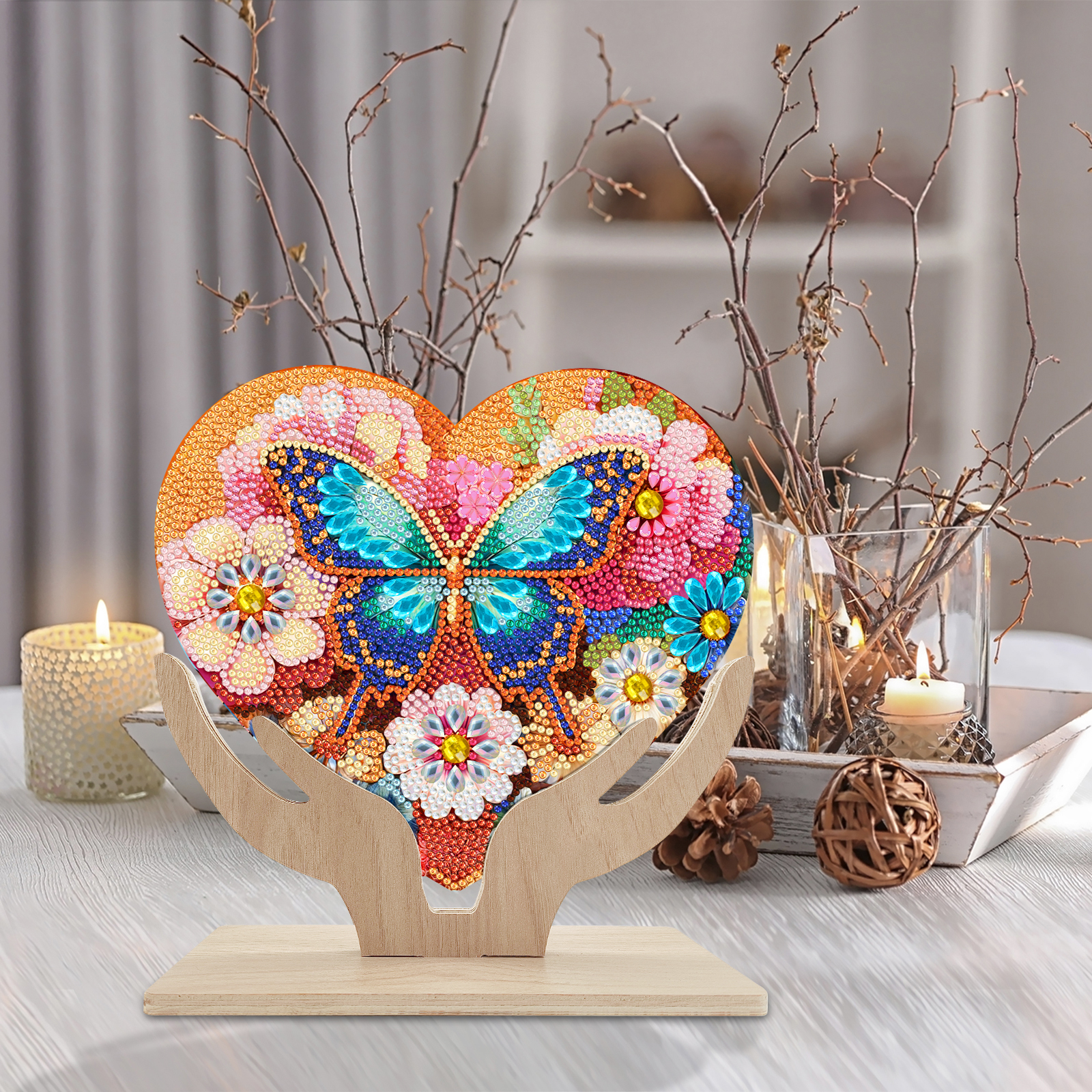 5D DIY Special Shape Diamond Painting Wooden Heart Shape Desk Ornament Decor Kit