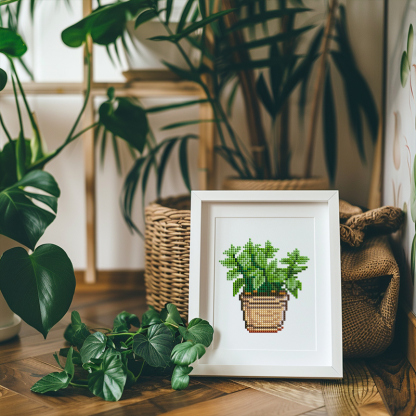 Frameless, mini diamond painting, creative mini diamond painting of green plants on the entrance flower house desktop, creative simple pattern diamond painting, 12 pcs, 5.9 X7 inches.