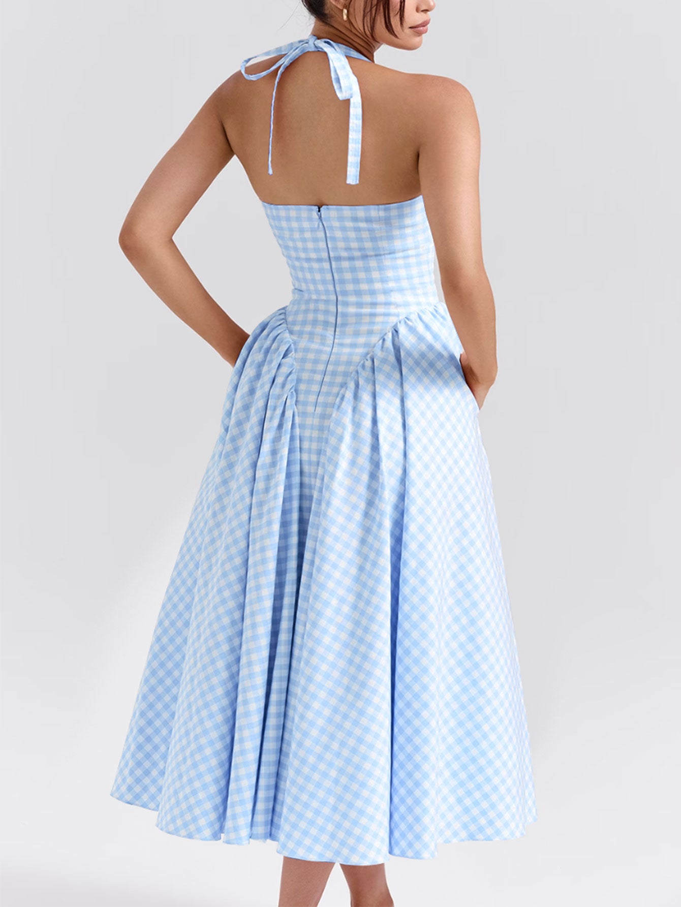 Women Pink Plaid Halterneck Deep V Neckline Midi Dress For Summer Parties and Events
