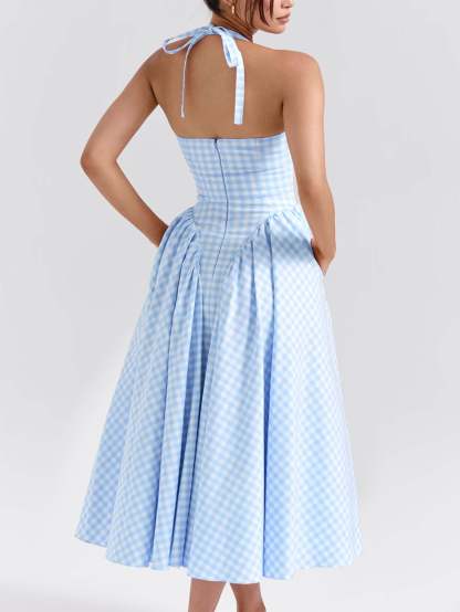 Women Pink Plaid Halterneck Deep V Neckline Midi Dress For Summer Parties and Events