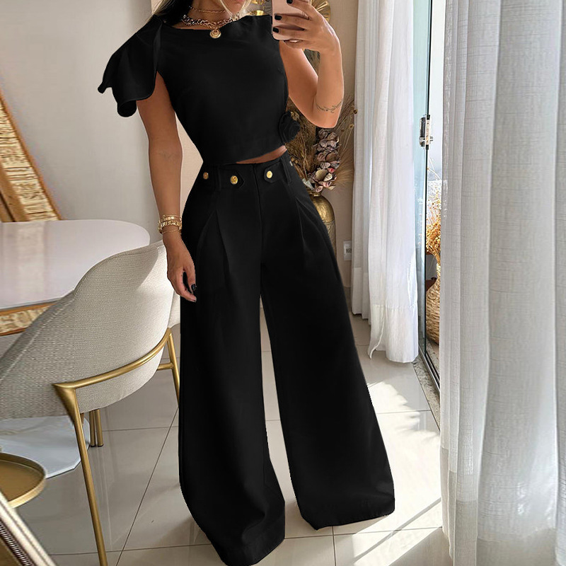 Women's Fashion Simple Lapel Shirt Navel Button Casual Suit Pants Two 
