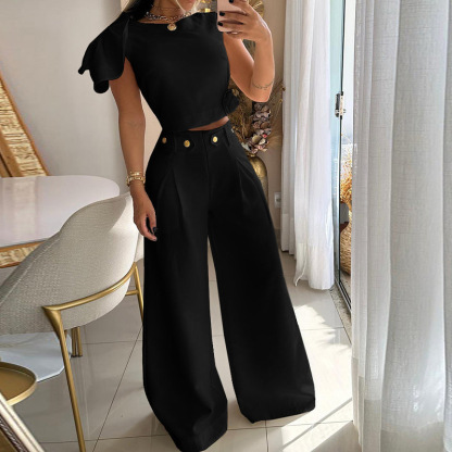 Women's Fashion Simple Lapel Shirt Navel Button Casual Suit Pants Two Pieces
