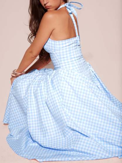 Women Pink Plaid Halterneck Deep V Neckline Midi Dress For Summer Parties and Events