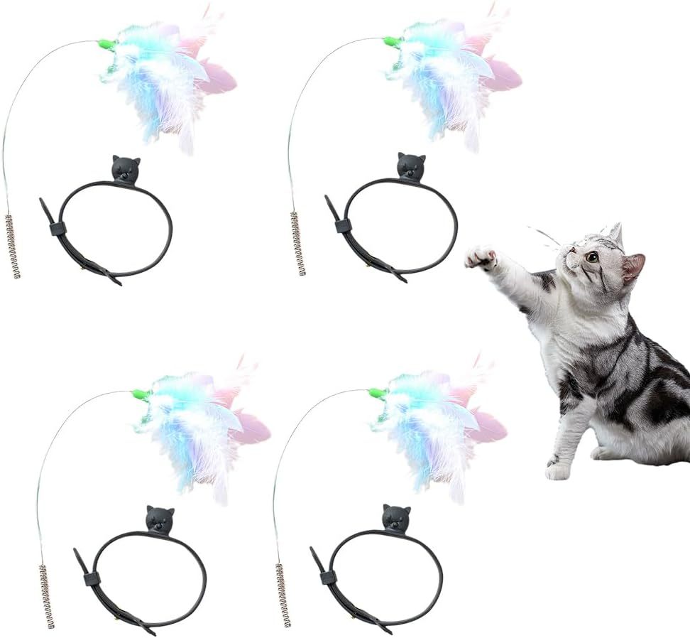 Cat Collars with Cat Feather Toys, Cat Collar Toy Interactive Cat Toys for Indoor Cats, Cat Neck Toy Teasing Cat Toy Collar Feather Interactive Toy for Cats Kitten Play Chase Exercise (A# 4PCS)