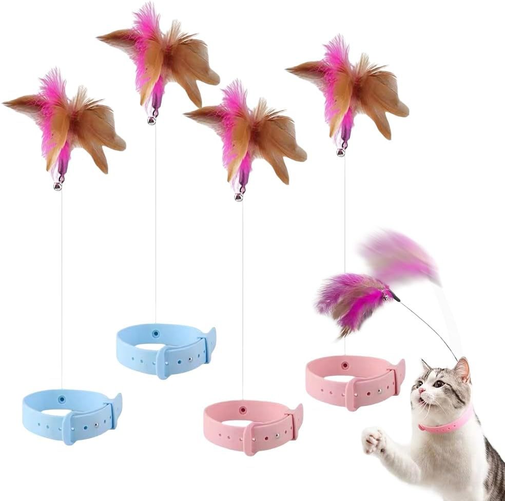 Cat Collars with Cat Feather Toys, Cat Collar Toy Interactive Cat Toys for Indoor Cats, Cat Neck Toy Teasing Cat Toy Collar Feather Interactive Toy for Cats Kitten Play Chase Exercise (A# 4PCS)