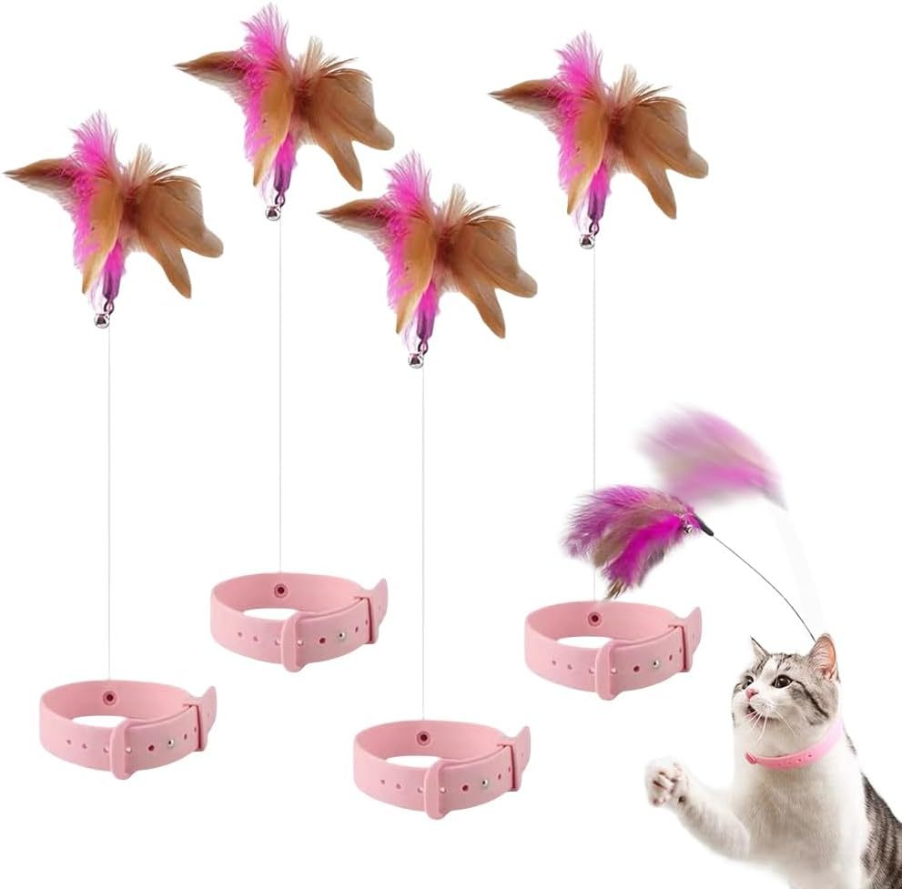 Cat Collars with Cat Feather Toys, Cat Collar Toy Interactive Cat Toys for Indoor Cats, Cat Neck Toy Teasing Cat Toy Collar Feather Interactive Toy for Cats Kitten Play Chase Exercise (A# 4PCS)
